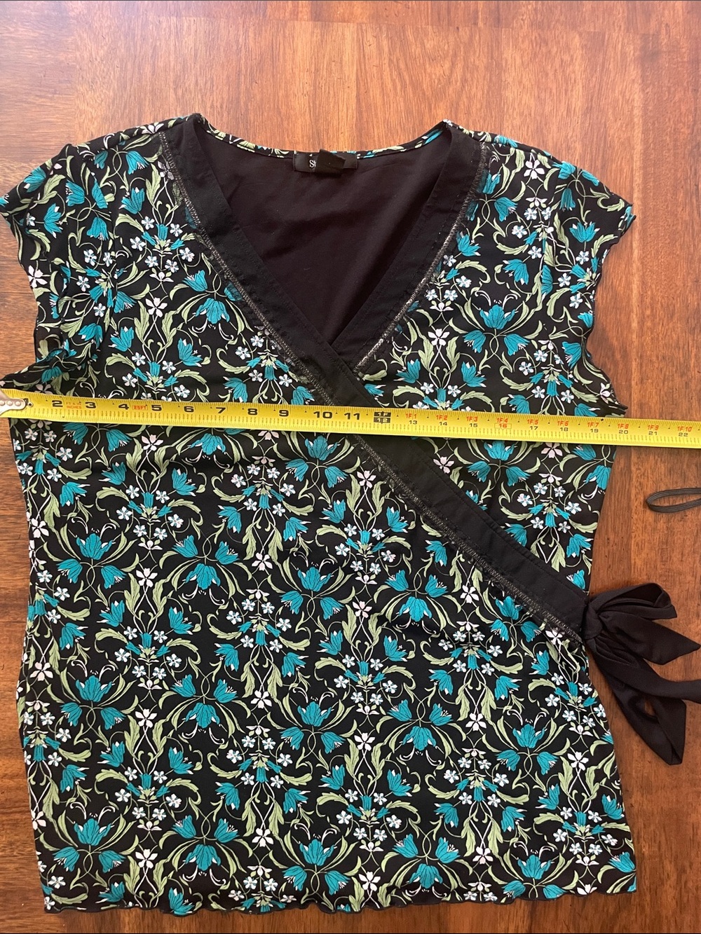 Style & Co. Black Floral Wrap Top with Teal and Green Print - Picture 4 of 9